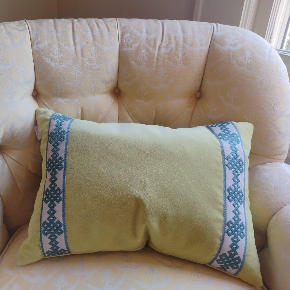 Chartreuse velvet accent pillow with Blue & white accent trim